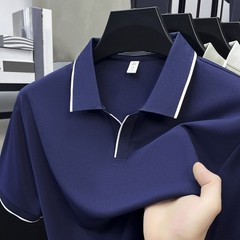 Men Contrast Trim Short Sleeve Lapel V Neck T Shirt for Business Casual Use