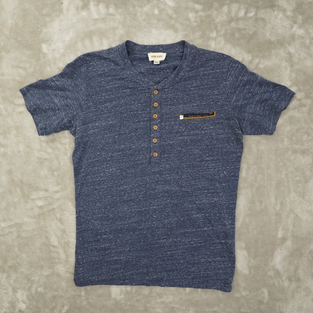Diesel 6 Button Henley T Shirt Men’s Medium Heather Blue Short Sleeve Marled