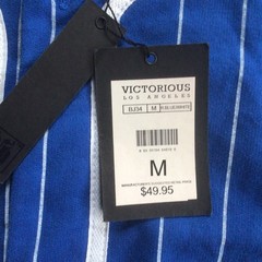 Victorious Baseball Jersey T-shirt Full Button Tee Men’s Blue Pin Striped NWT