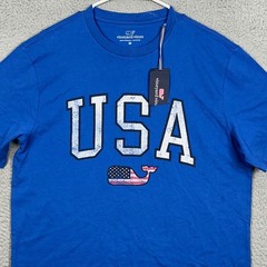 NEW Vineyard Vines T-Shirt Mens Medium Blue USA Flag Whale Graphic Tee Casual