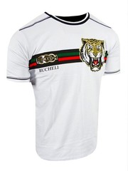 Mens White T-Shirt Designer Bucheli Italian Stripe Gold Tiger Slim Fit Crew Neck