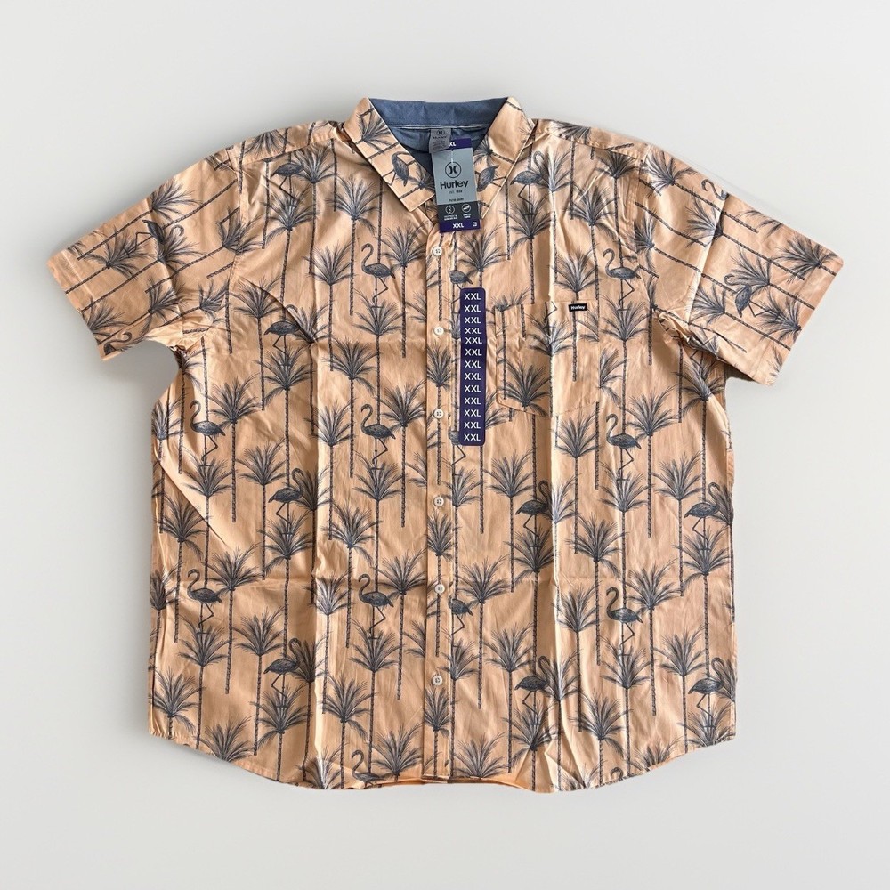 Hurley Men’s Orange & Blue Flamingo & Palm Tree Print Shirt 2XL Med NEW E0136