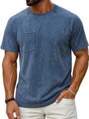 Men’s Vintage Washed Raglan Short Sleeve T-Shirt, Pocket Crew Neck Casual Tee