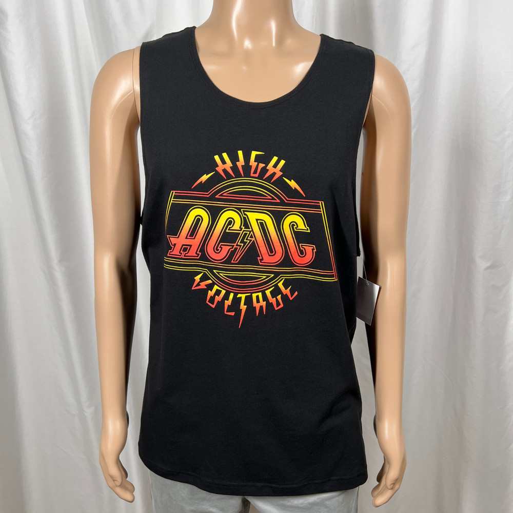 AC/DC Men’s Small Black Yellow Retro High Voltage Tank Top Sleeveless T-Shirt