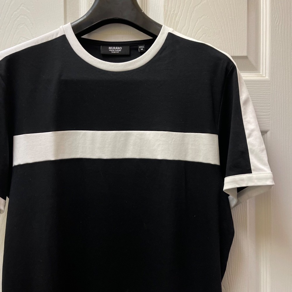 Murano Liquid Luxury Men’s Medium Black White Stripe Ringer Slim Fit T-Shirt