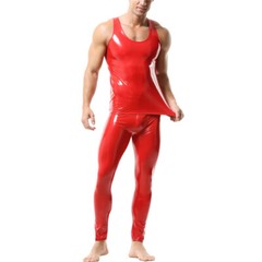 Men’s Sexy Pvc Leather Top Pants Set Shiny Latex Vest Tank Tops Club Tight Pants