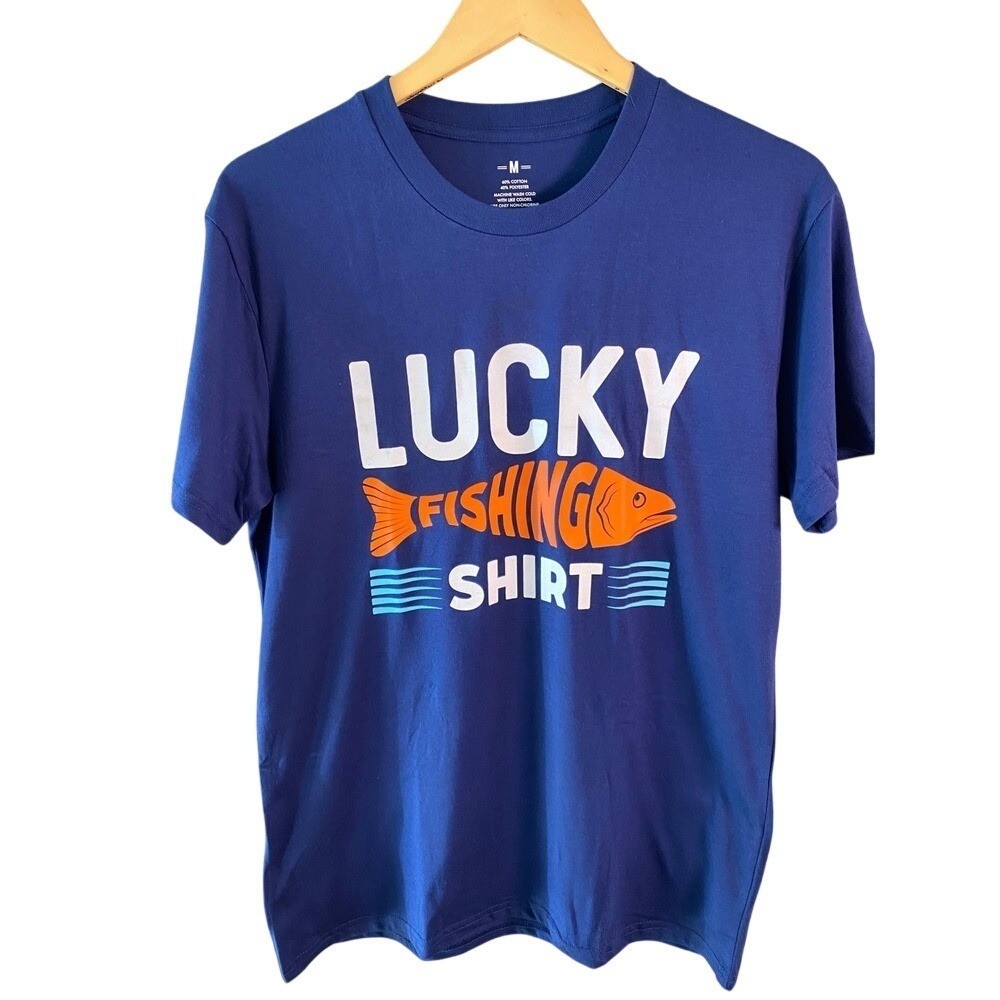 Men’s Lucky Fishing Shirt Blue Graphic Tee Short Sleeve Crew Neck Outdoors M-XXL