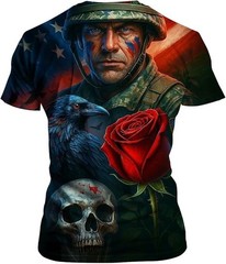 3D US Soldier American Flag T-Shirt Veteran Skull Raven Rose Graphic Tee AOP