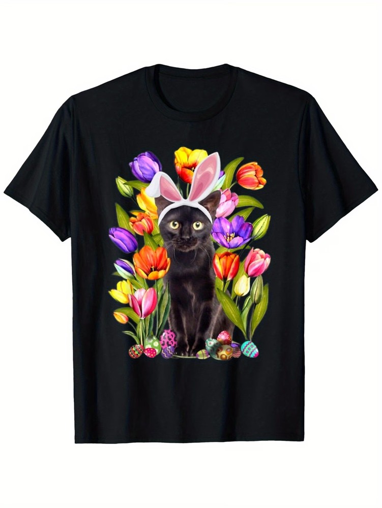 1pc Black Cat Kitten Bunny Egg Tulip Easter Day T-Shirt – Men’s & Women’s Happy