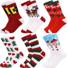 6 Pairs Adult Christmas Holiday Socks Warm Cozy Fuzzy Anti-Slip Plus Size Soft