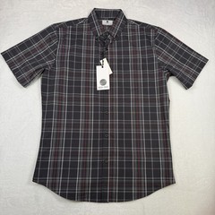 Social Coast Men’s Short Sleeve Button-Down Shirt Size S Black Red White Plaid