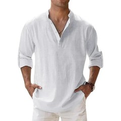 Men’s Cotton Linen Henley Long Sleeve Shirt Casual Beach T-shirt Tee Summer Gift
