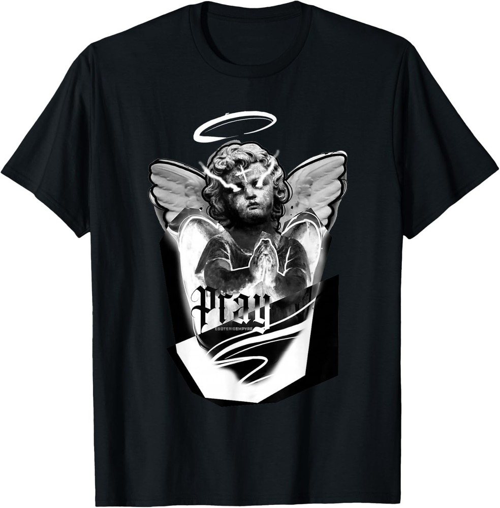 Angel Cherub Pray Fire Eyes Blackwork T-Shirt