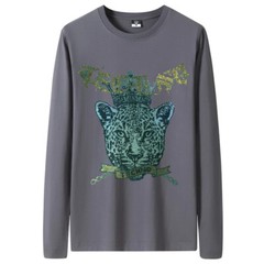 Fashion Leopard Rhinestones Diamond Long Sleeve Luxury Men Trend Cotton T-Shirt