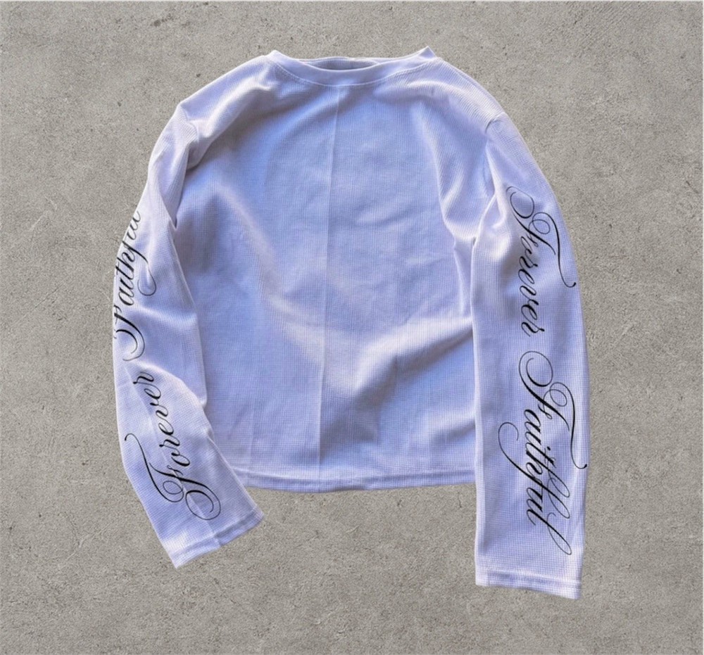 Forever Faithful Long Sleeve Shirt – White – Script Sleeve Print