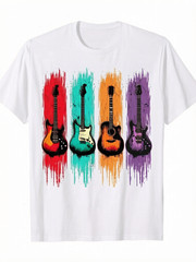 Men’s Retro Music Tee – 100% Cotton Black T-Shirt with Vintage Guitar & Graphics