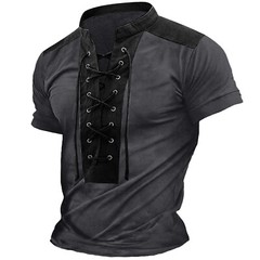 Men’s New Summer Color Contrast Small Stand Lace Up Short Sleeved Top Men’s T
