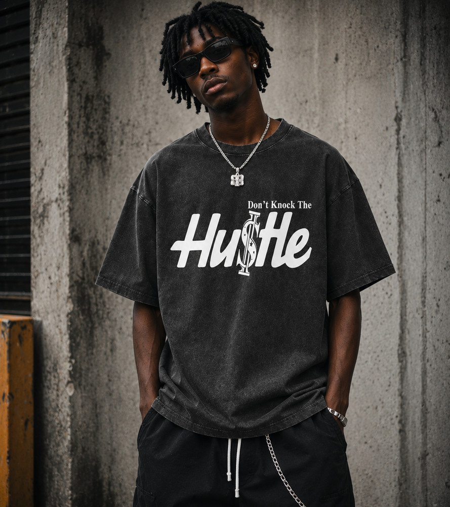 Mens Vintage Wash Hip Hop T-Shirt Don’t Knock The Hustle Graphic Streetwear Tee