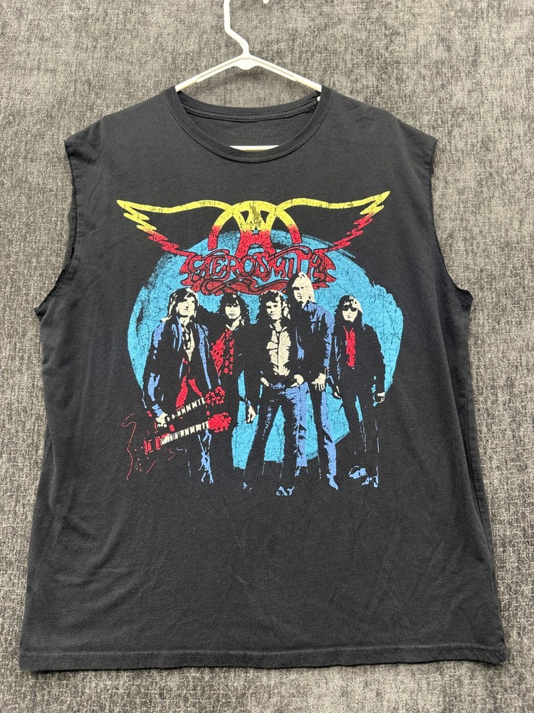 Aerosmith T Shirt Mens Large Black Cut Off Sleeve American Rock Tour Band Music