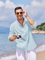 Men’s Cotton Hemp Long Sleeve Casual Beach Henley Shirt(Blue,S)