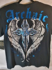 Archaic By Affliction Y2K Style Blue Foil Cross T-Shirt Black New With Tags
