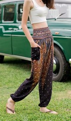 ‘s Smocked Waist Harem Hippie Boho Yoga Palazzo Casual Pants (M,Peacock Black)