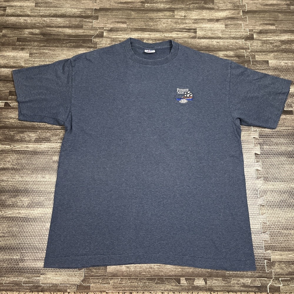 Vintage Plymouth Mass Souvenir Single Stitch Shirt XXL 2XL Blue Striped USA Made