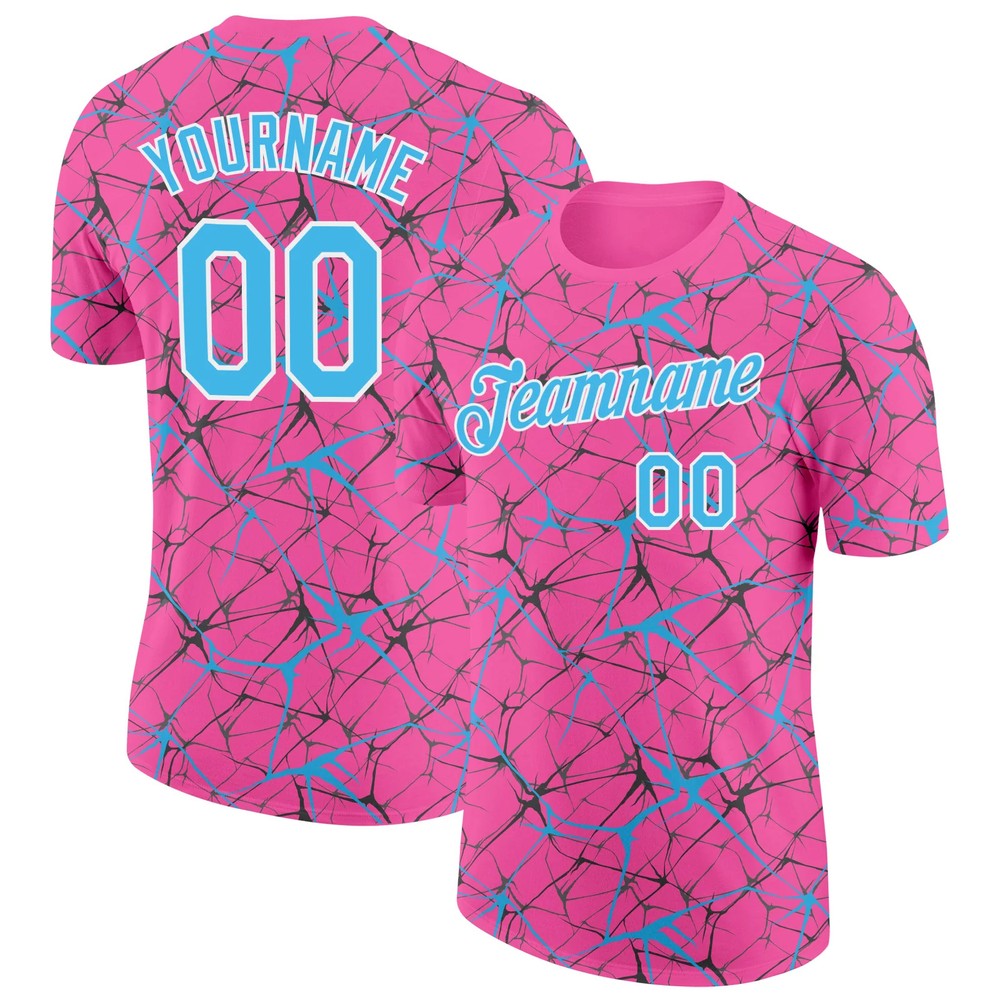 Custom Pink Sky Blue Abstract Crackle Sports Tee Personalized Team Jersey