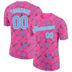 Custom Pink Sky Blue Abstract Crackle Sports Tee Personalized Team Jersey