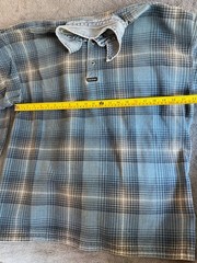 Vintage Structure Flannel Shirt L Blue Plaid Denim Collar Made in USA 90s