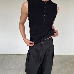 Men’s Ribbed Vest Sleeveless For Henry Collar Slim Fit Streetwear Sports Top
