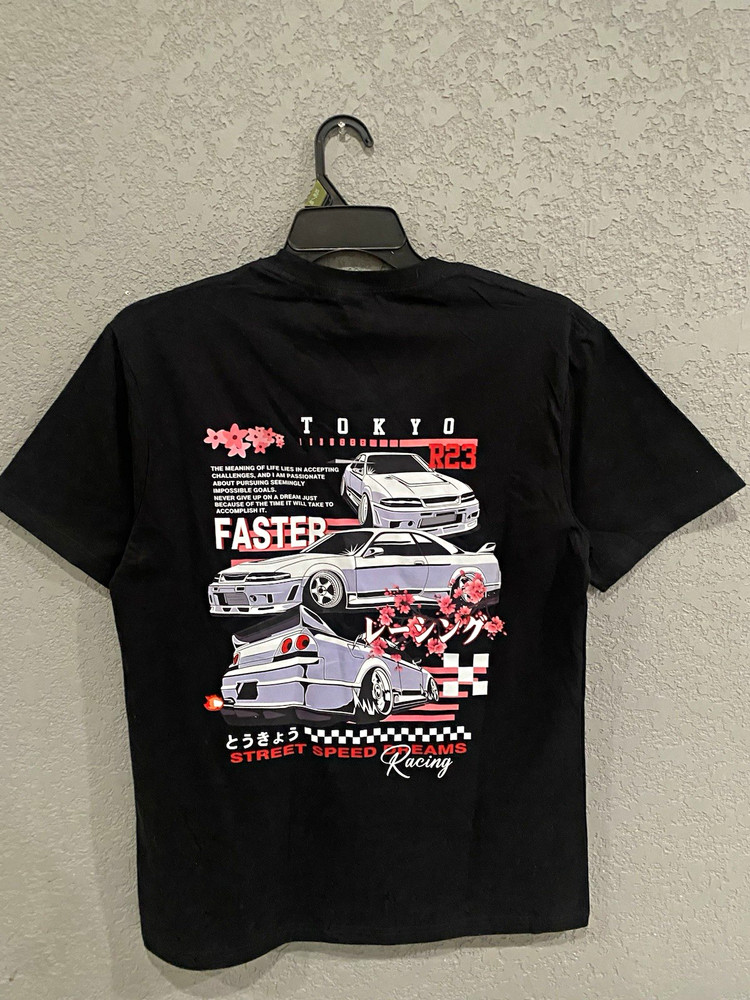 Tokyo Street Speed Dreams Racing Cars Graphic Print T-Shirt Black L Crew Neck