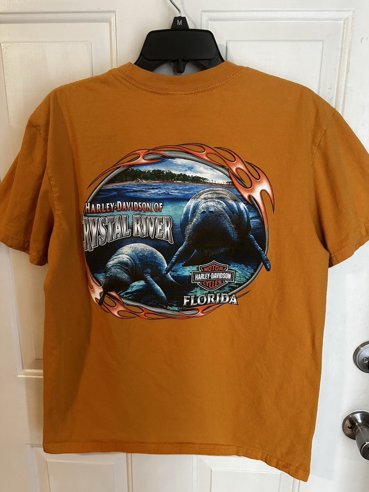 Harley Davidson Mens Large Crystal River Double Sided Yellow T Shirt Large