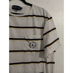 Ralph Lauren Vintage 90’s Mens L Striped Pocket T-Shirt White Navy Yellow Logo