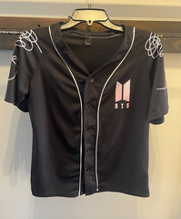 BTS K-Pop Graphic Print Jersey T-Shirt Button Front V-Neck Mesh Polyester M