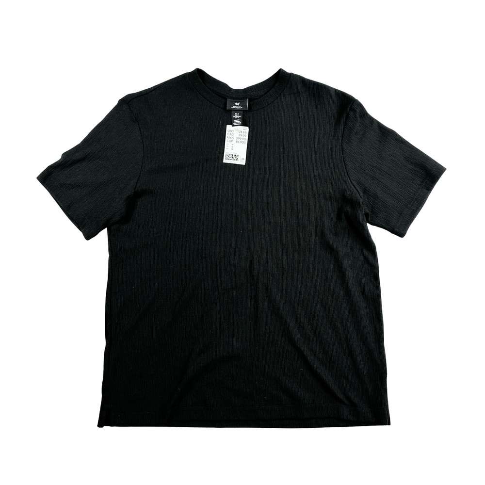 H&M Men’s Medium Ribbed Knit Loose Fit Coupe Ample Solid Black T-Shirt NWT