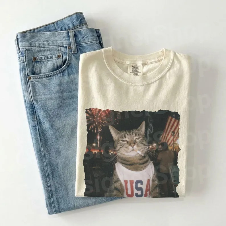Patriotic Smoking Cat America 250 Graphic T Shirt S-5XL