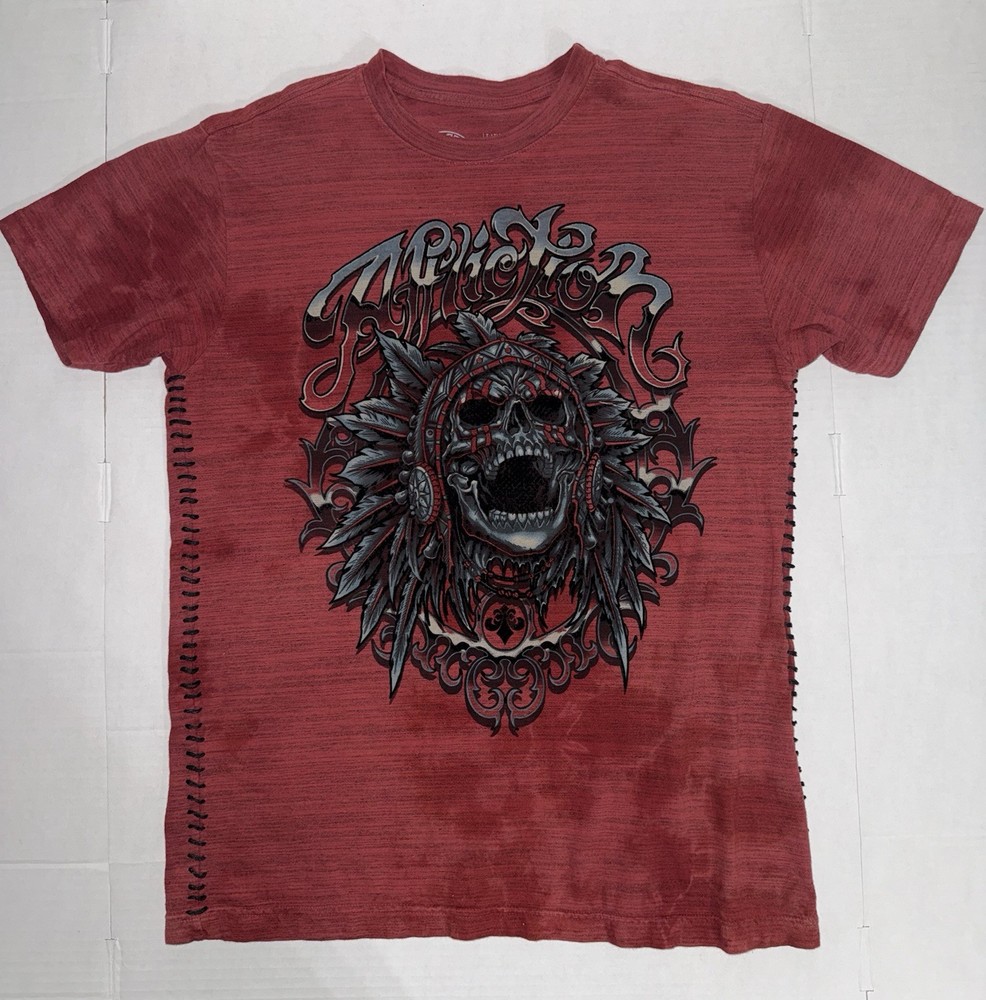 Affliction “Lake Insomnia”Large Graphic T-Shirt In A Red Ochre Crystal Wash .