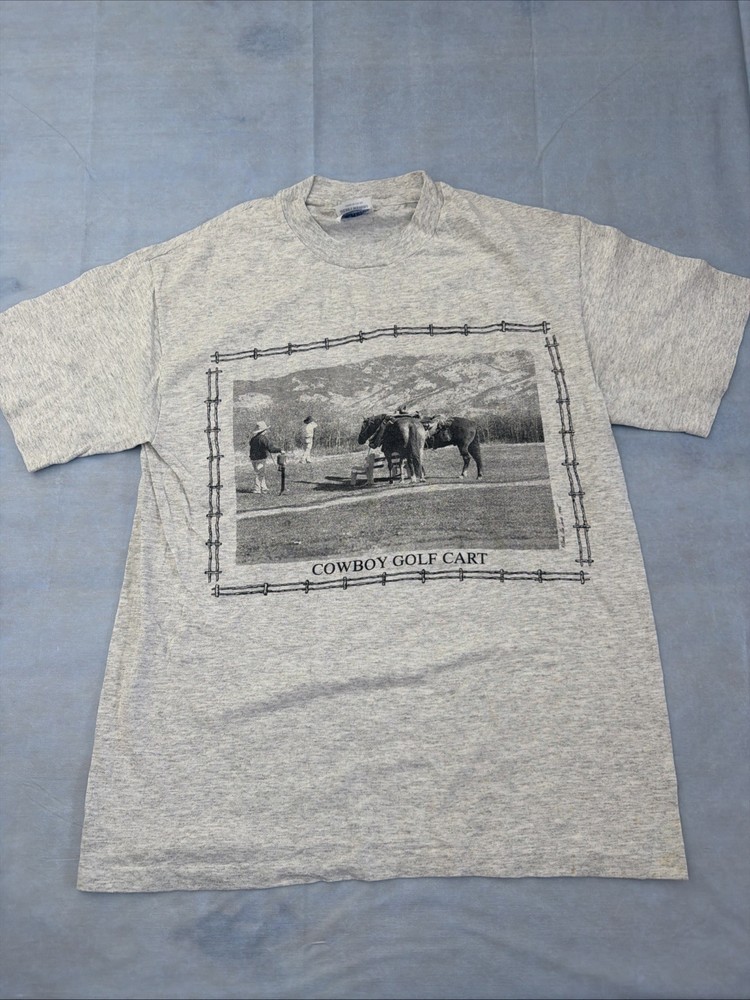 Hanes Heavyweight Single Stitch VTG Gray T Shirt Medium Cowboy Golf Cart Western