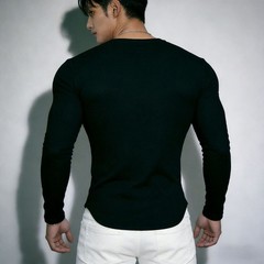 V Neck Long Sleeve Elastic Tee Top for Men Polyester Spandex Workout Streetwear