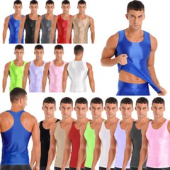 Men Glossy Tank Tops Sleeveless T-Shirt Swim Gym Fitness Workout Vest Sportswear
