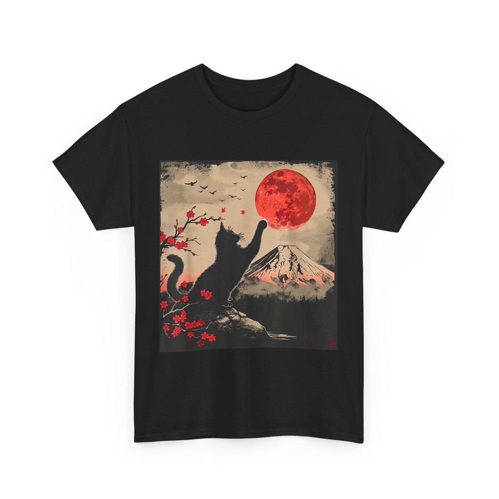 HOT Vintage Japan Art Japanese Theme Retro Print Black Cat T-Shirt