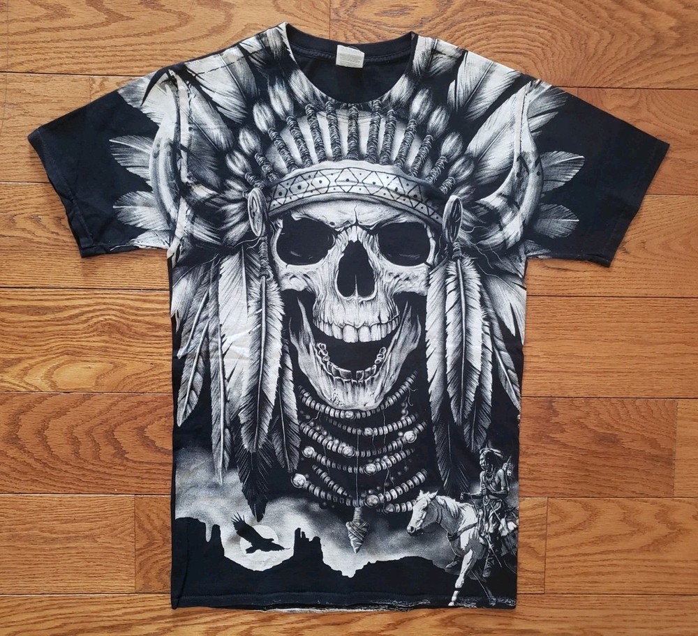 All Over Print Headdress Skull Native American Men’s Size Small Black T-Shirt