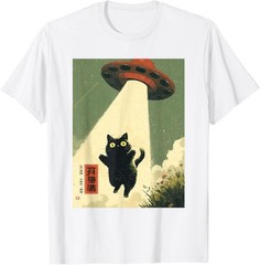 Vintage Japanese Cat Alien Cat Dad UFO Abduction Graphic Tee T-Shirt