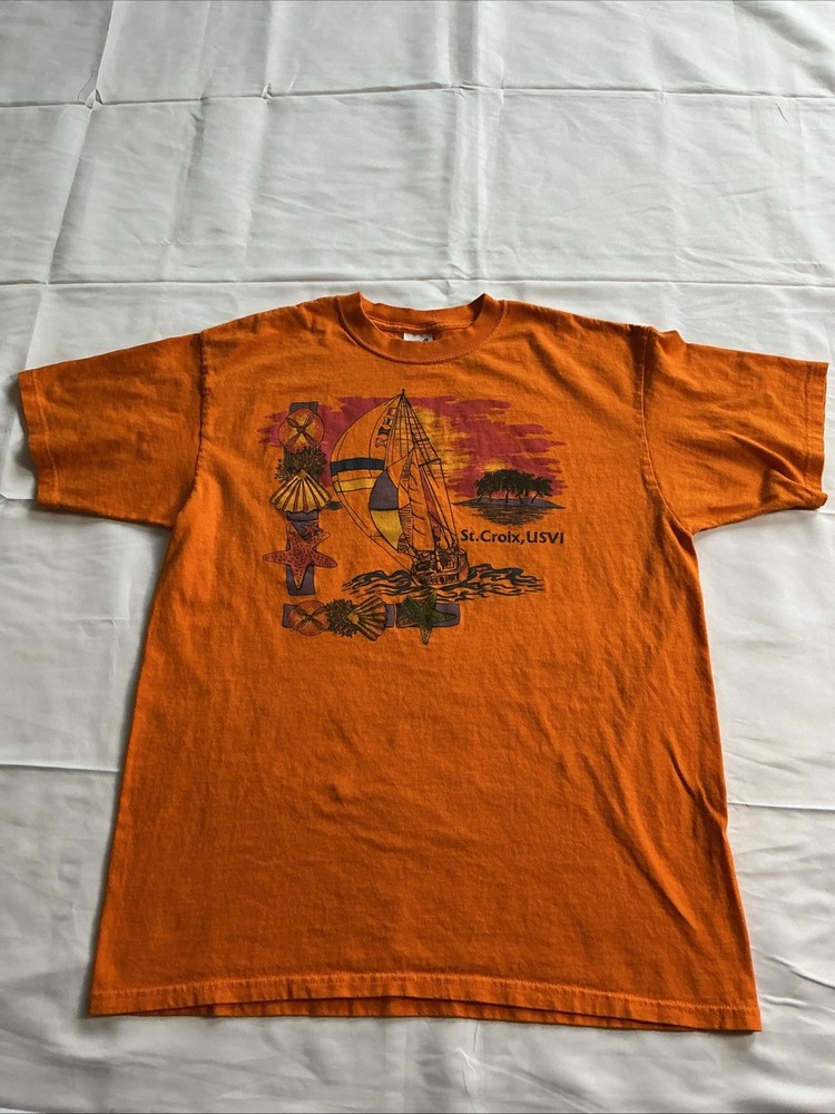 St. Croix T-Shirt VTG Fits Adult SZ Large Orange Sailboat Ocean Cotton Tee