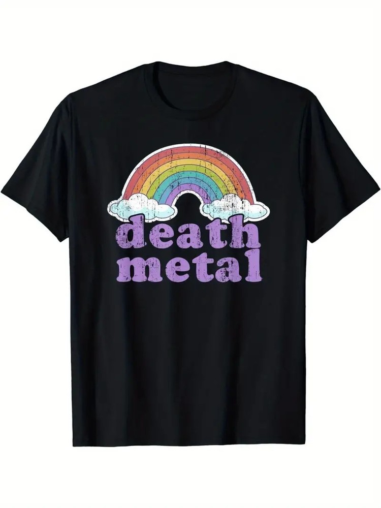 DEATH METAL Rainbow & Slogan Print Cotton T-Shirt, Breathable & Comfort Fit for