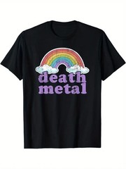 DEATH METAL Rainbow & Slogan Print Cotton T-Shirt, Breathable & Comfort Fit for