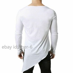 Mens Asymmetric Slit Hem Summer T-shirt Top Tee Long Sleeve Pullover Shirt Hot