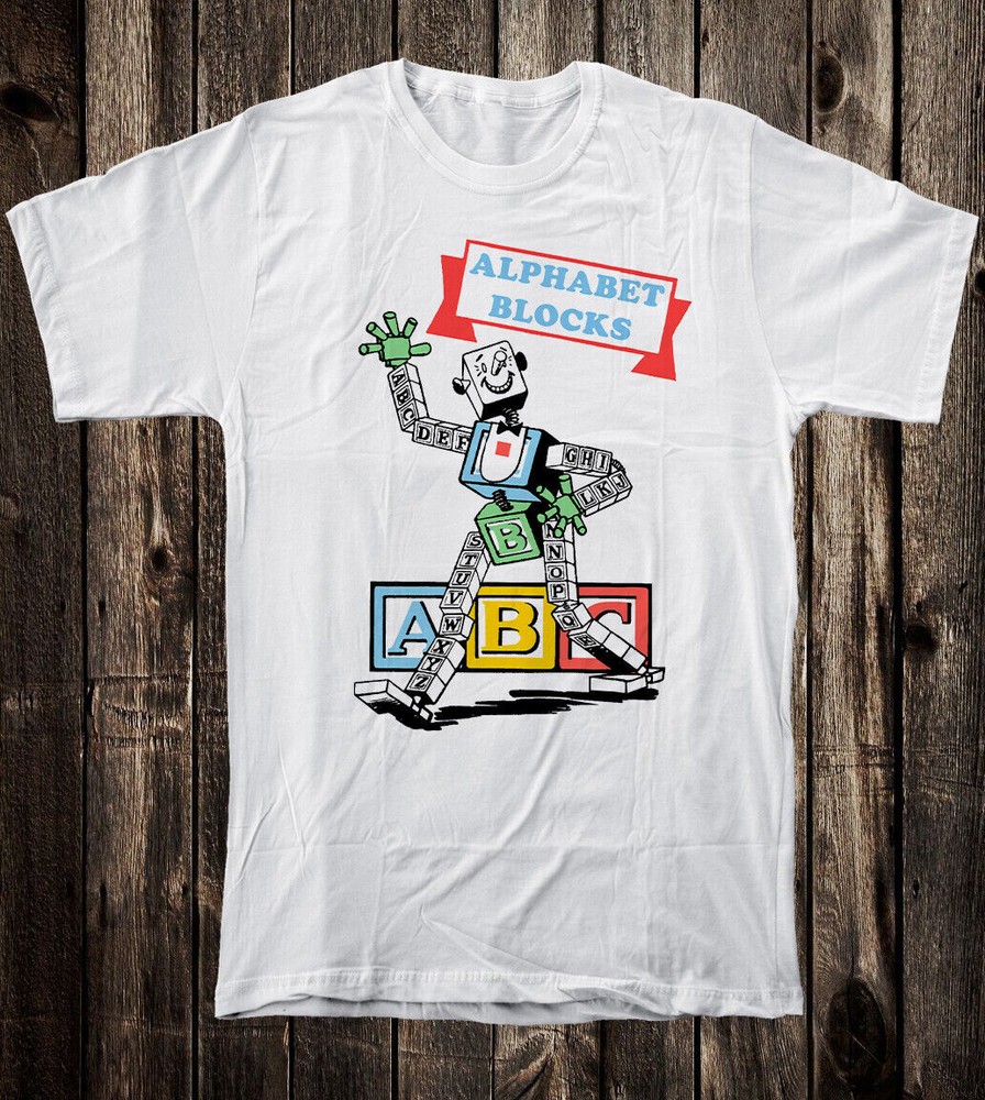 Retro Ad Art Novelty Tee T Shirt ABC Alphabet Blocks Nostalgia Toy Toys