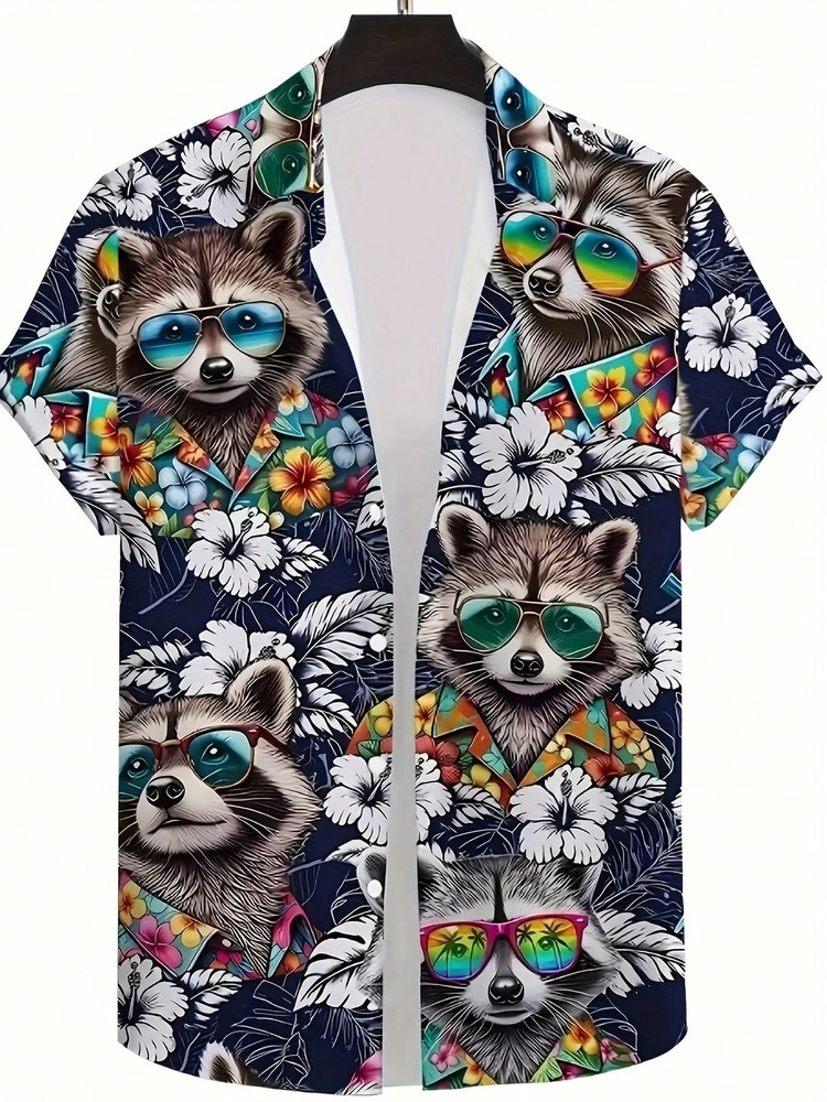 Raccoon Hawaiian Shirt Tropical Hibiscus Floral Summer Casual Button Down